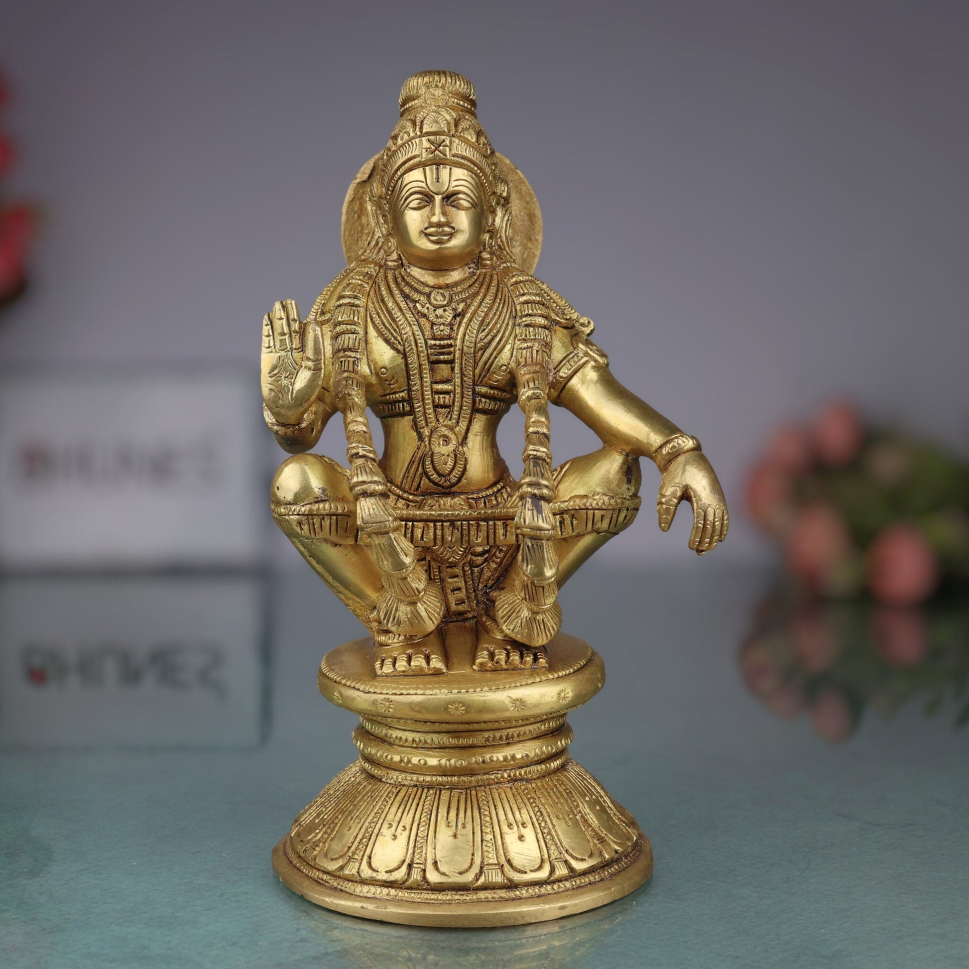Premium Handcrafted Brass Lord Ayyappa & Murugan Idol – Skanda, Kartikeya, Subramanya, Shanmukha, Vel Murugan Pooja Statue for Home Temple & Decor,Gold, 8.5 Inch, 1 Piece