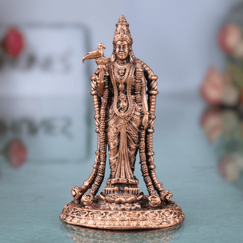 Copper Meenakshi Amman Idol, Tamil Goddess Meenakshi Devi Murti, Madurai Meenakshi Parvati Statue,Gold, 3 Inch, 1 Piece