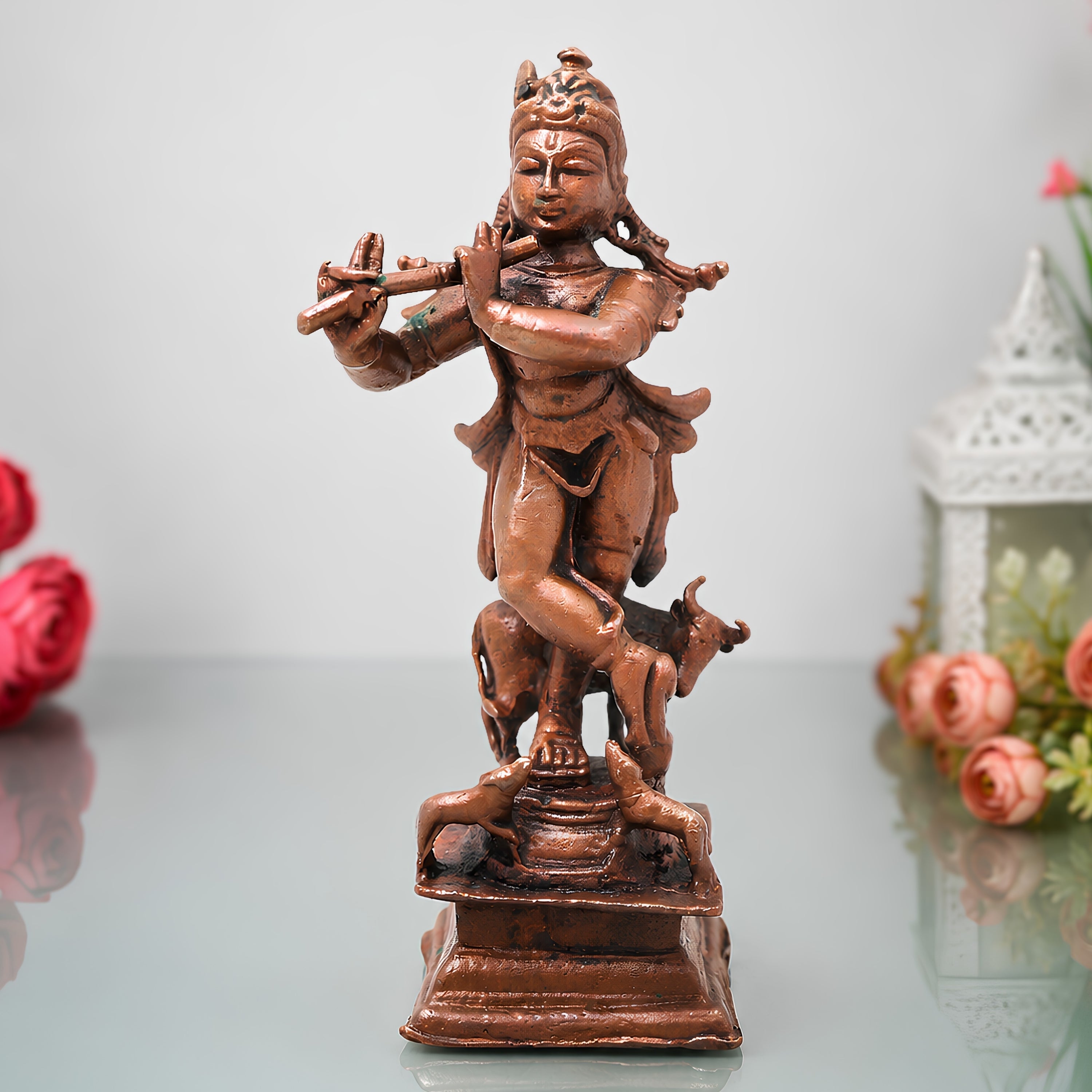 Copper Krishna Idol, Tamra Balakrishna Murti, Thamra Gopala Statue for Puja & Home Decor, Pure Tamraloha Govinda Moorti,Brown, 4 Inch, 1 Piece