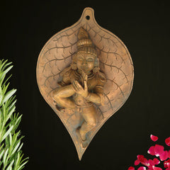 Handcrafted Bronze Krishna Idol on Leaf, Panchaloha Bala Gopal Murti, Kanhaiya Kanha Govinda Statue for Pooja & Home Decor,Brown, 9 Inch, 1 Piece