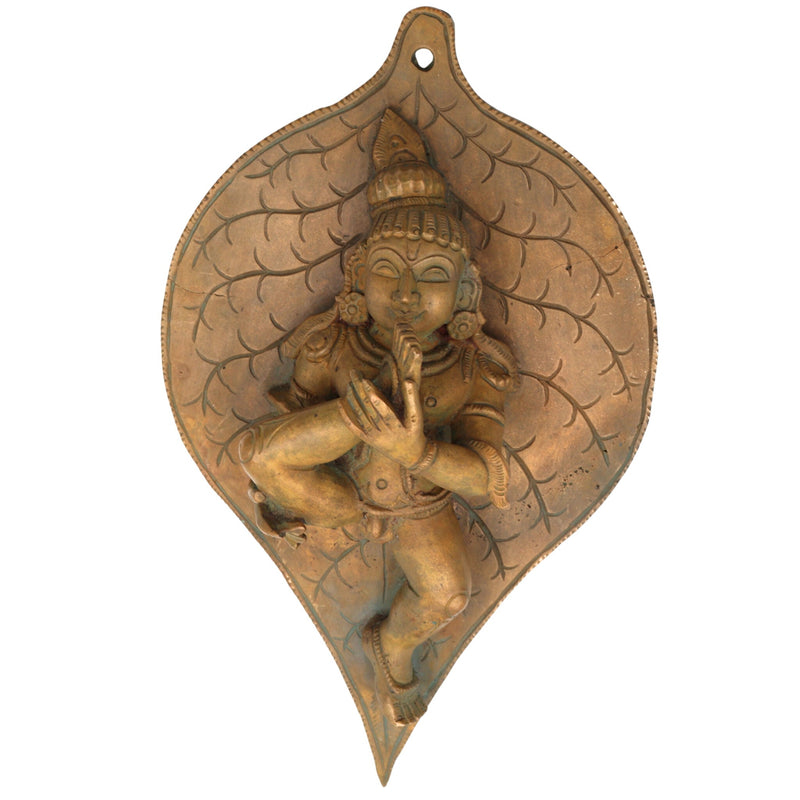 Handcrafted Bronze Krishna Idol on Leaf, Panchaloha Bala Gopal Murti, Kanhaiya Kanha Govinda Statue for Pooja & Home Decor,Brown, 9 Inch, 1 Piece