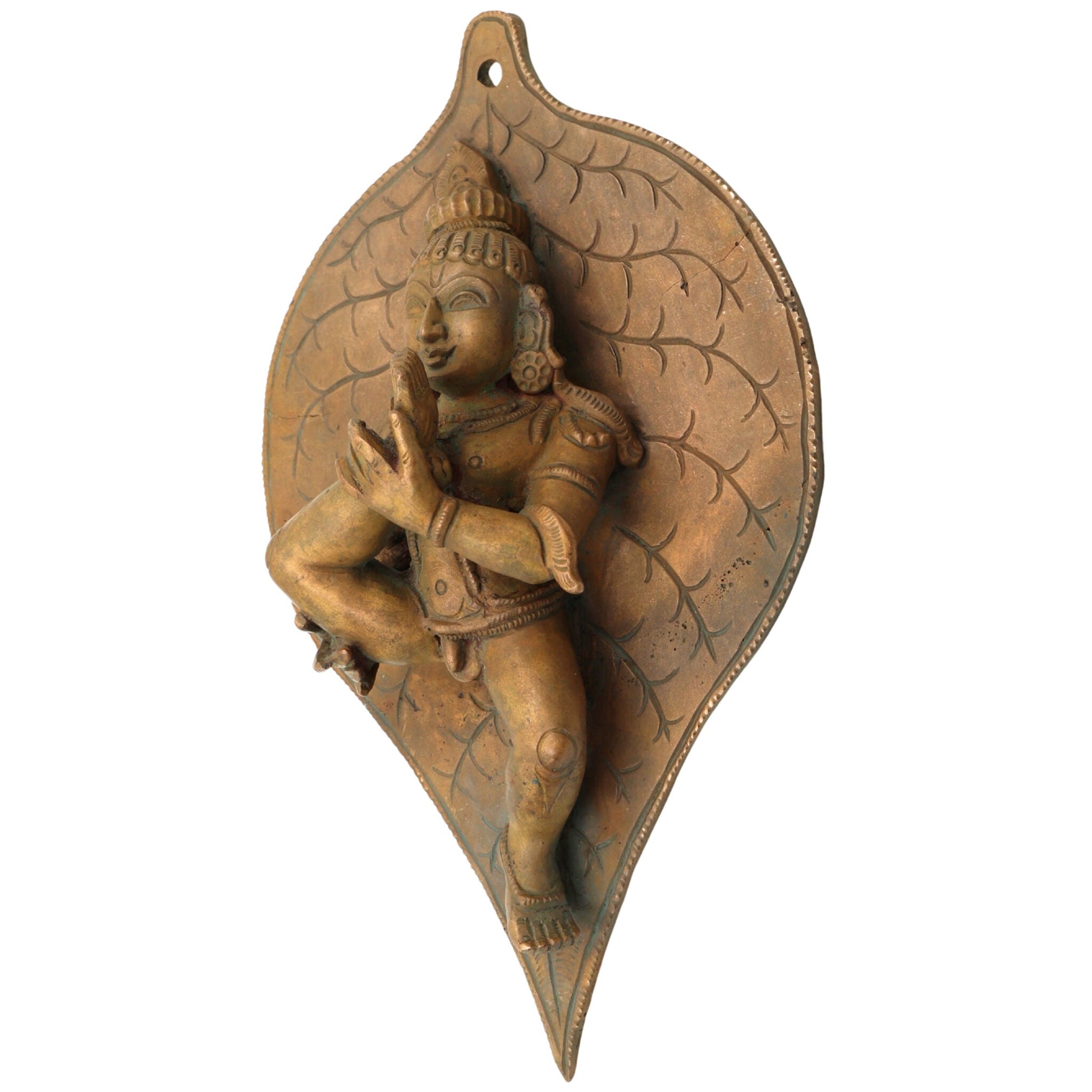 Handcrafted Bronze Krishna Idol on Leaf, Panchaloha Bala Gopal Murti, Kanhaiya Kanha Govinda Statue for Pooja & Home Decor,Brown, 9 Inch, 1 Piece