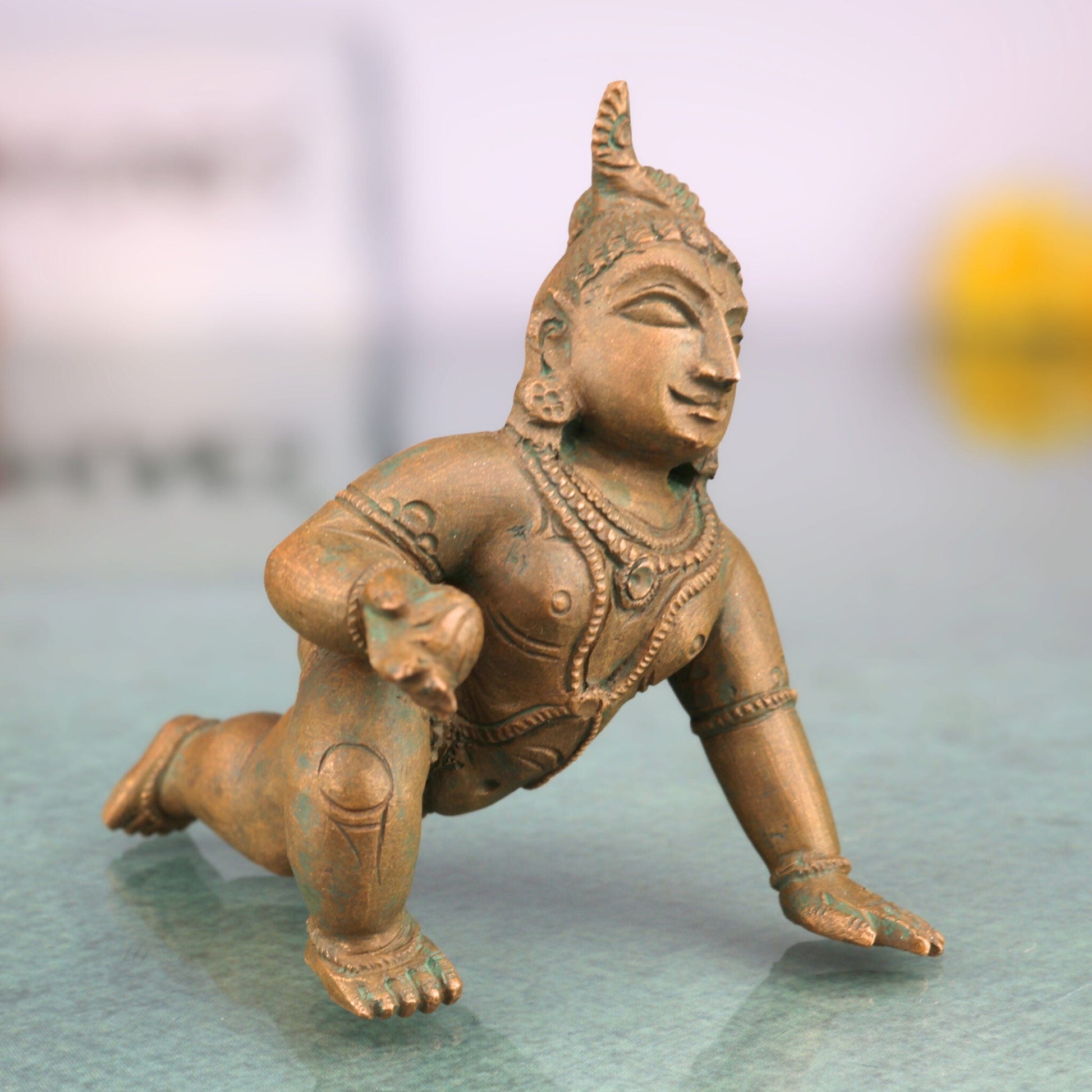 Bal Gopala Idol | Laddu Gopal / Bala Krishna Murti | Bronze Panchaloha Krishna Sculpture for Home Temple & Janmashtami Decor,Brown, 3.5 Inch, 1 Piece
