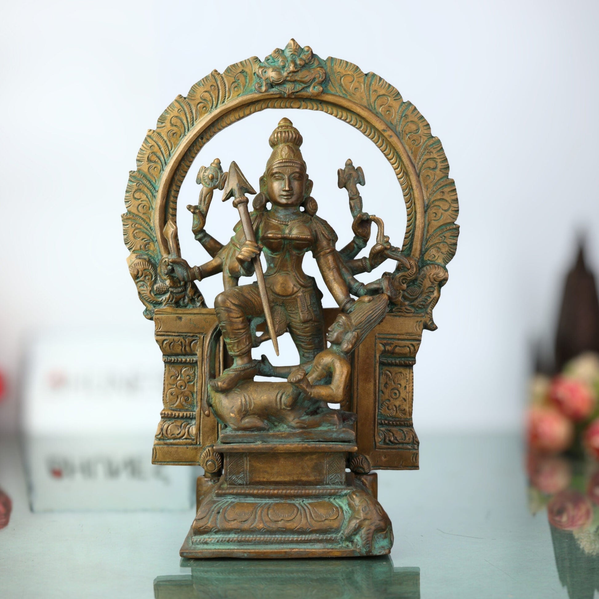 Handcrafted Panchaloha Bronze Durga Devi Idol – Mahishasura Mardini, Simhavahini Shakti, Navadurga Sculpture for Pooja & Temple,Brown, 10.5 Inch, 1 Piece