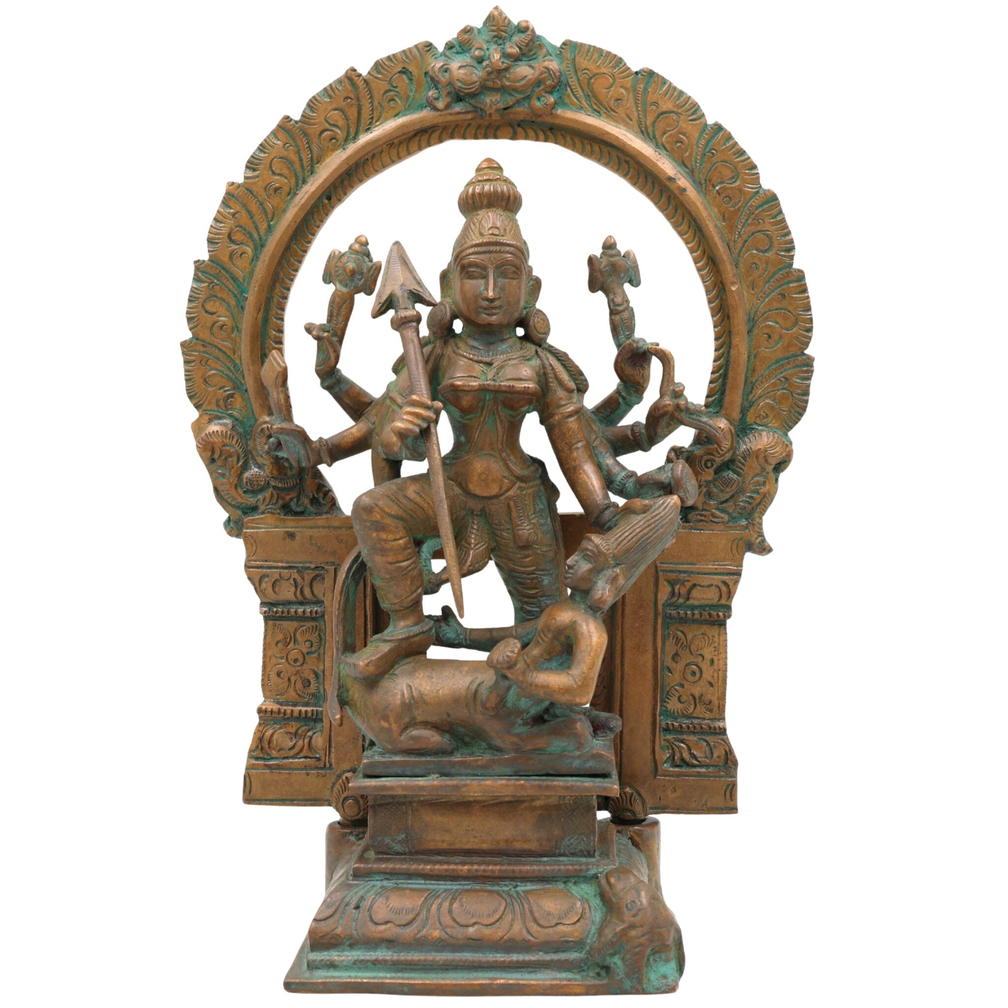 Handcrafted Panchaloha Bronze Durga Devi Idol – Mahishasura Mardini, Simhavahini Shakti, Navadurga Sculpture for Pooja & Temple,Brown, 10.5 Inch, 1 Piece