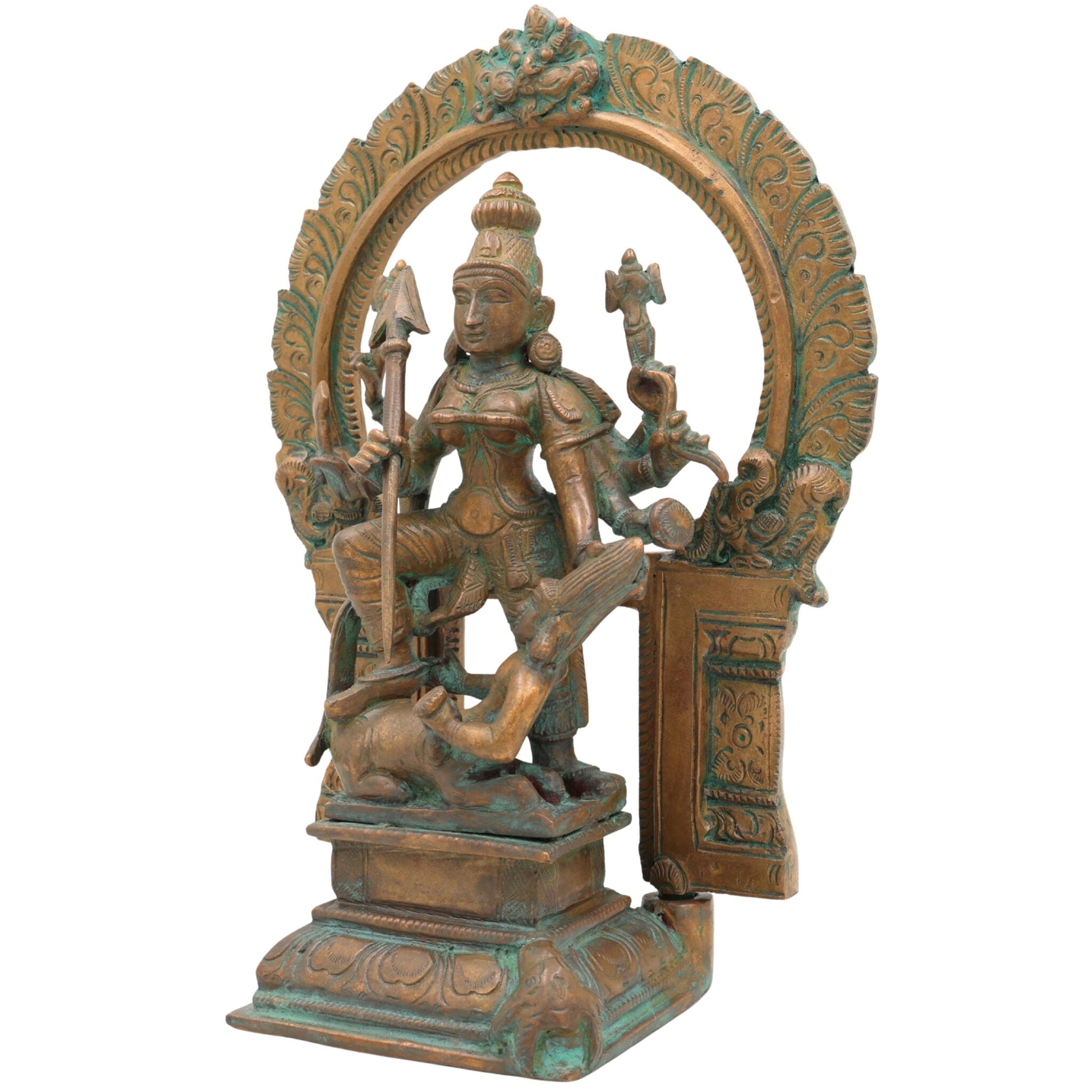 Handcrafted Panchaloha Bronze Durga Devi Idol – Mahishasura Mardini, Simhavahini Shakti, Navadurga Sculpture for Pooja & Temple,Brown, 10.5 Inch, 1 Piece