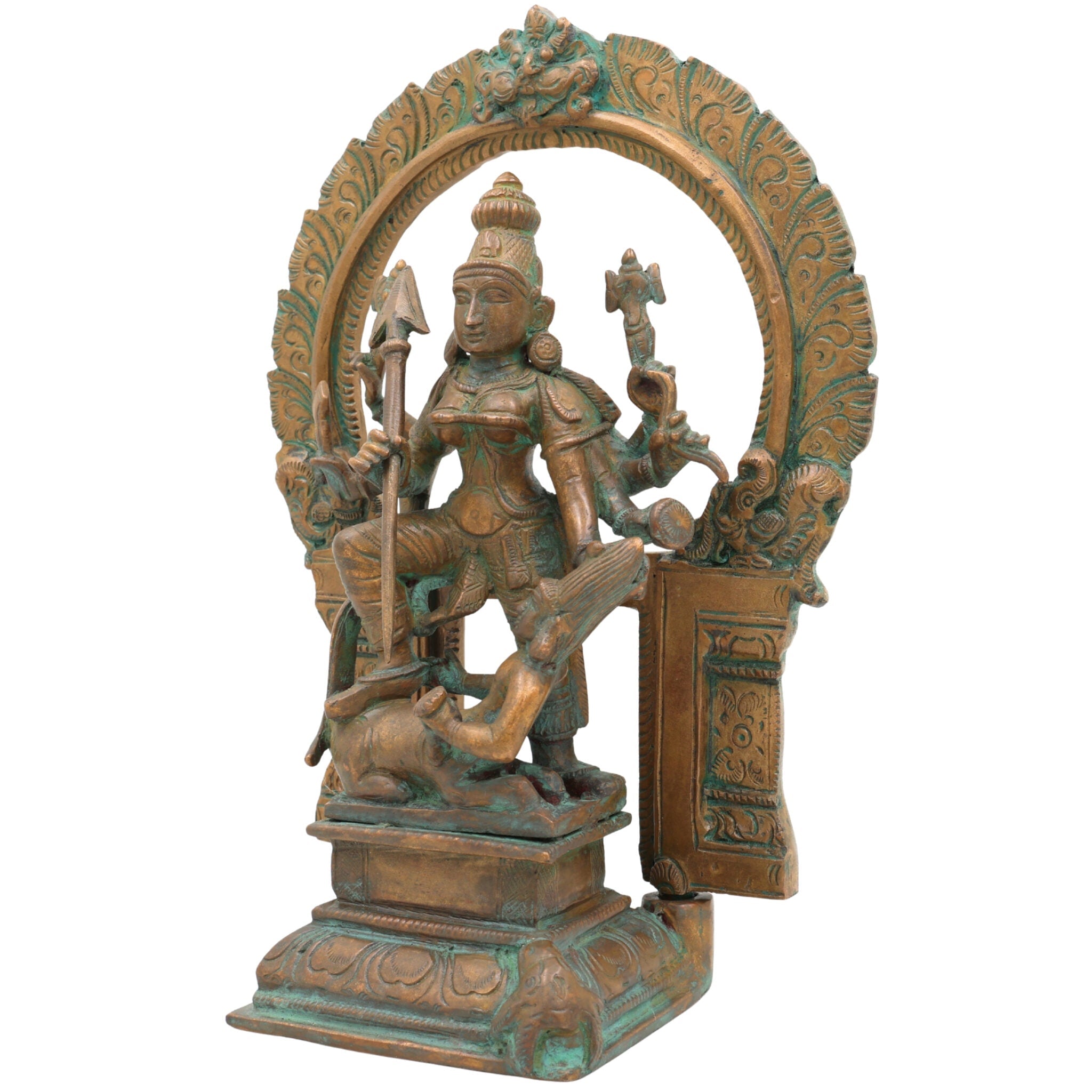 Handcrafted Panchaloha Bronze Durga Devi Idol – Mahishasura Mardini, Simhavahini Shakti, Navadurga Sculpture for Pooja & Temple,Brown, 10.5 Inch, 1 Piece