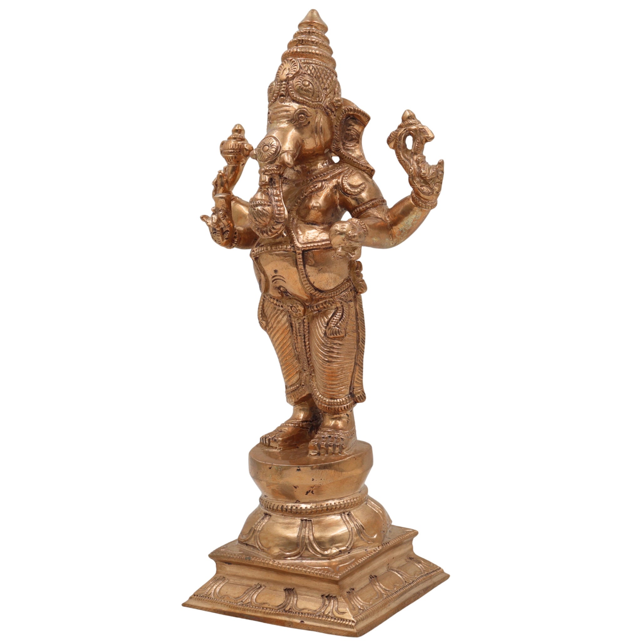 Handcrafted Panchaloha Ganesha Idol in Bronze, Vinayaka, Ganpati, Ekadanta, Vighnaharta Murti for Pooja, Decor & Gift, Gold, 9.5 Inch, 1 Piece