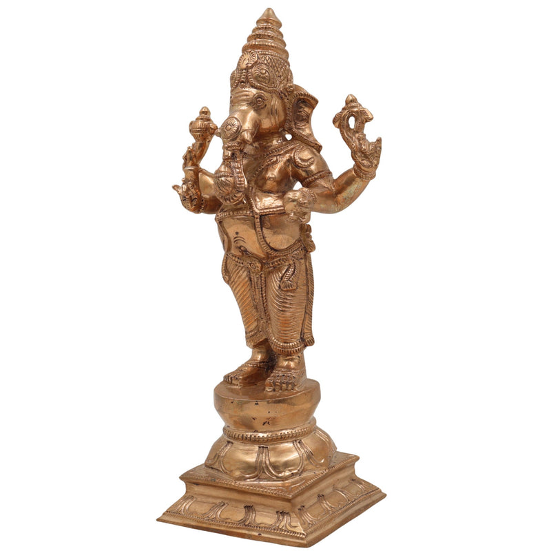 Handcrafted Panchaloha Ganesha Idol in Bronze, Vinayaka, Ganpati, Ekadanta, Vighnaharta Murti for Pooja, Decor & Gift, Gold, 9.5 Inch, 1 Piece