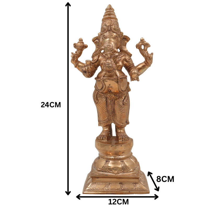 Handcrafted Panchaloha Ganesha Idol in Bronze, Vinayaka, Ganpati, Ekadanta, Vighnaharta Murti for Pooja, Decor & Gift, Gold, 9.5 Inch, 1 Piece