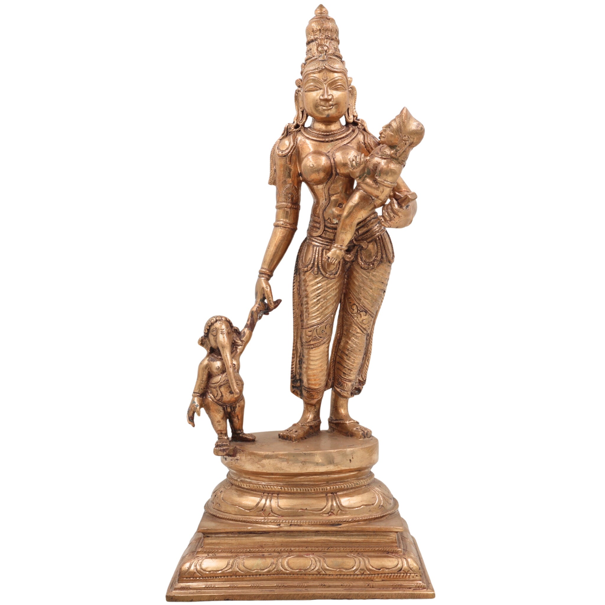 Panchaloha Parvati Ganesha Kartikeya Idol – Handmade Bronze Gauri with Vinayaka and Murugan Sculpture for Home Temple,Gold, 15.5 Inch, 1 Piece