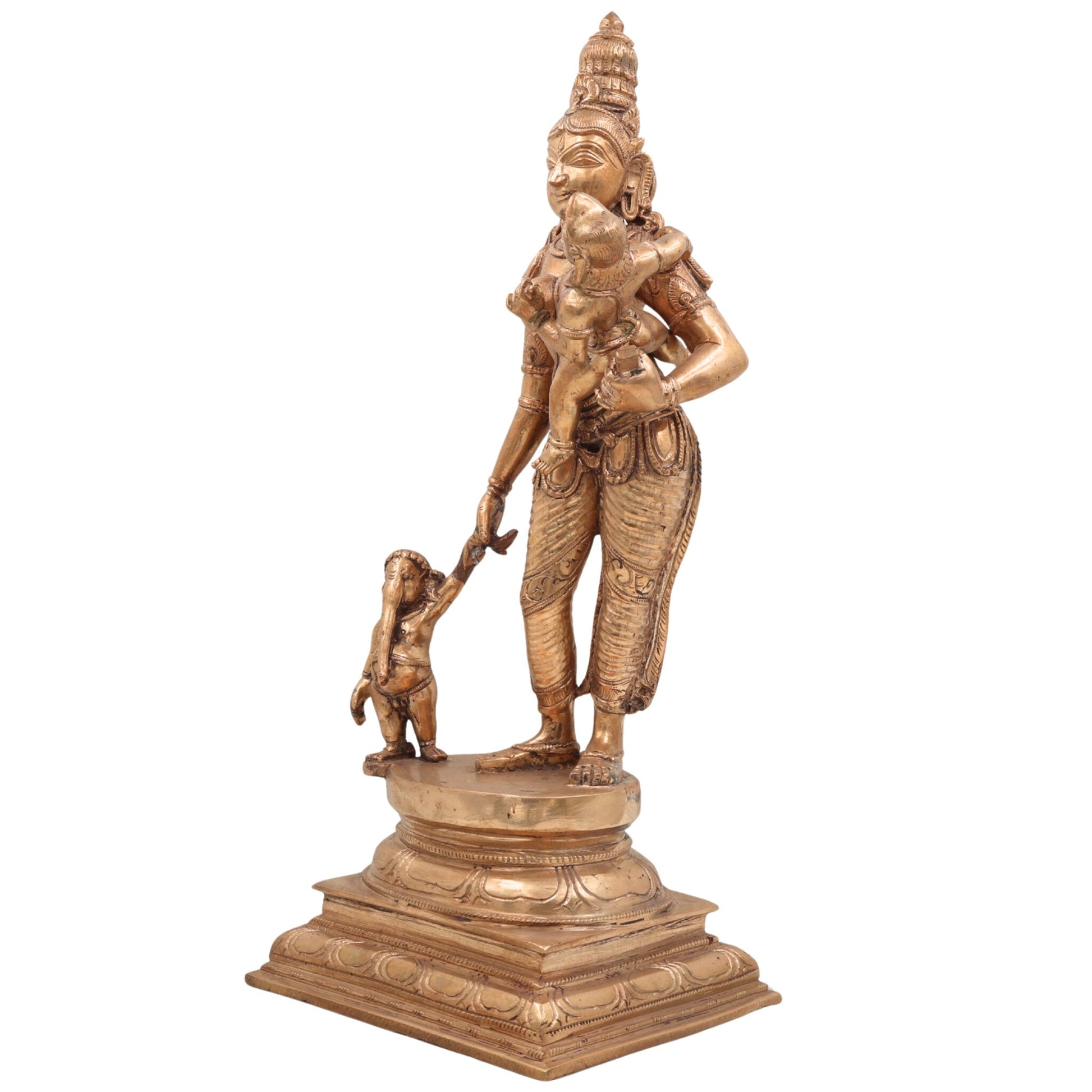 Panchaloha Parvati Ganesha Kartikeya Idol – Handmade Bronze Gauri with Vinayaka and Murugan Sculpture for Home Temple,Gold, 15.5 Inch, 1 Piece