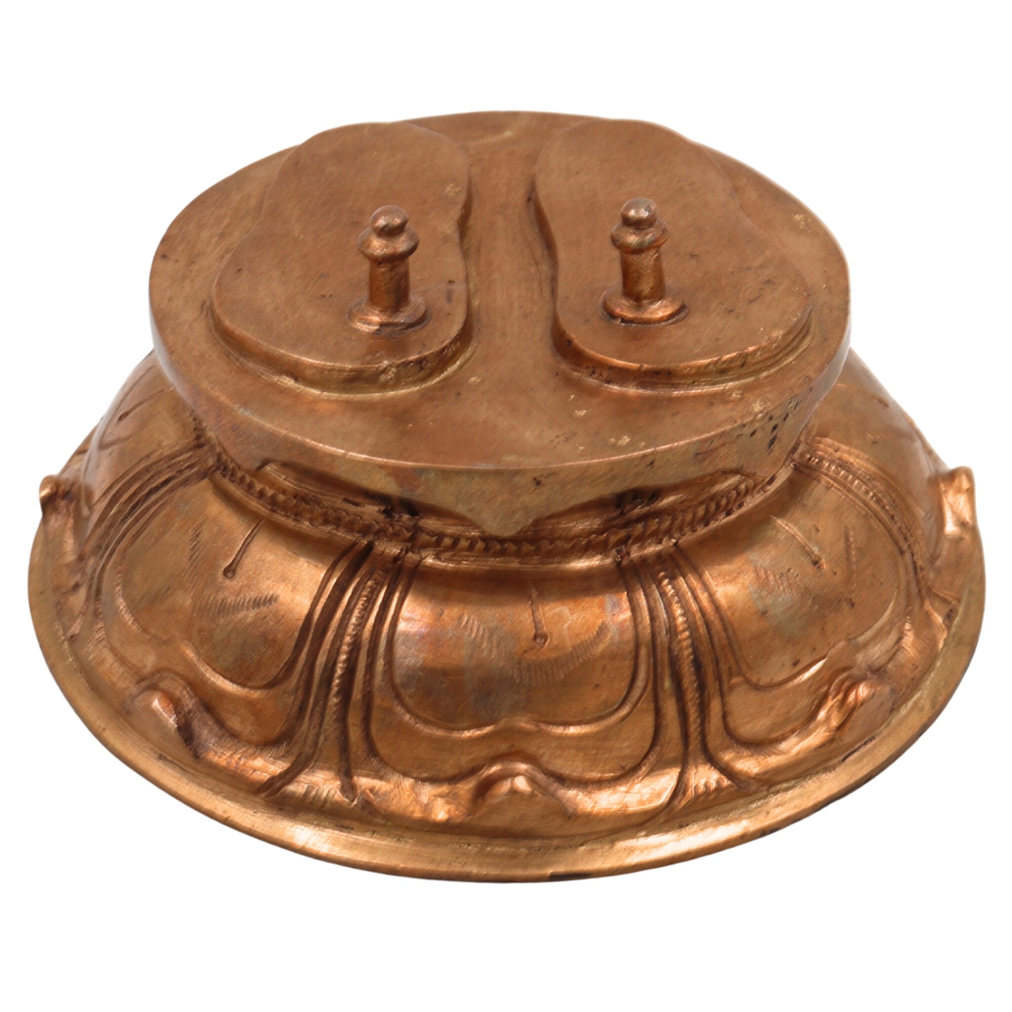 Bronze Handmade Charan Paduka on Mukut, Panchaloha Khadau Padam Idol for Guru Paduka, Vishnu, Rama, Krishna, Tulsi, Traditional Chola Art Temple Sculpture,Gold, 3 Inch, 1 Piece