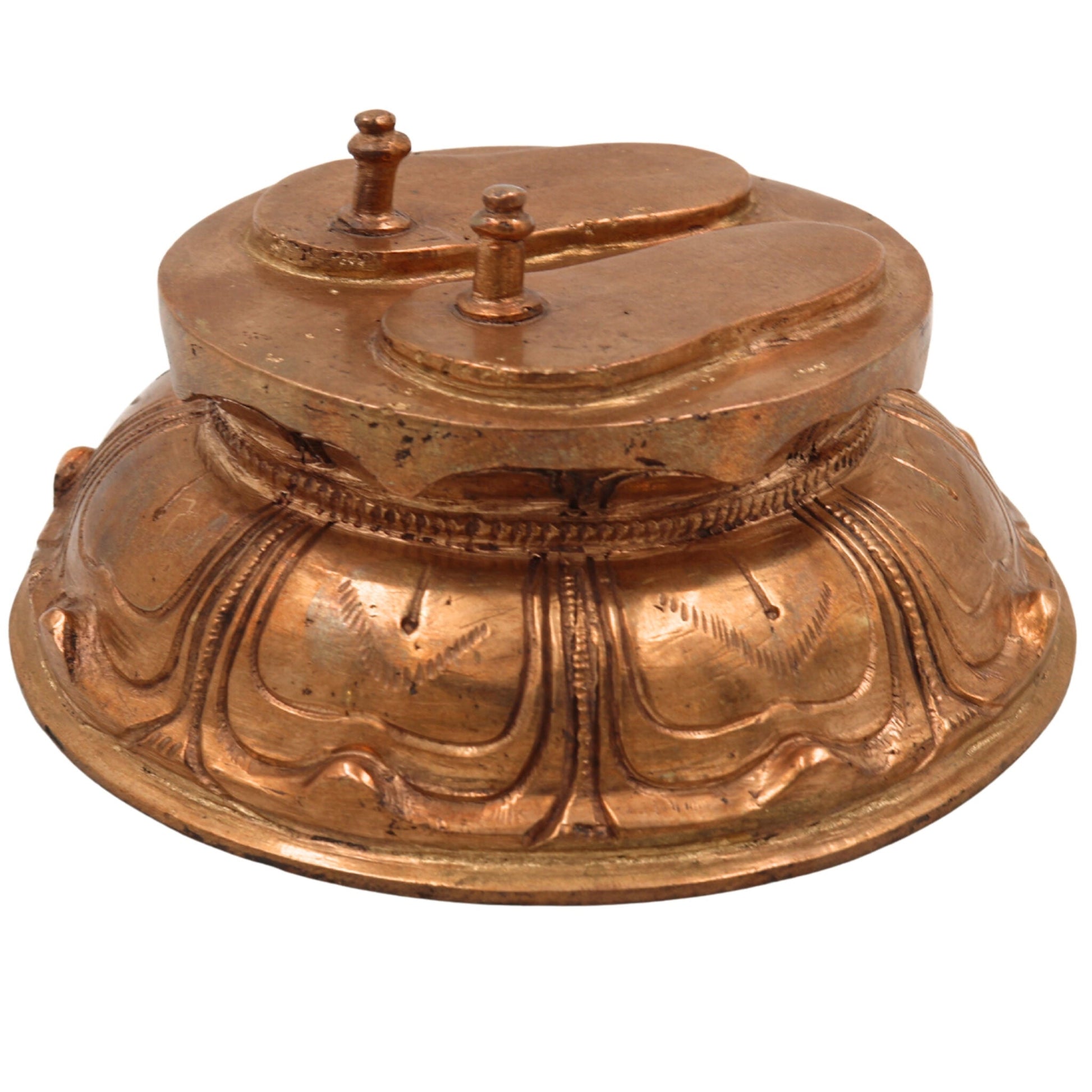 Bronze Handmade Charan Paduka on Mukut, Panchaloha Khadau Padam Idol for Guru Paduka, Vishnu, Rama, Krishna, Tulsi, Traditional Chola Art Temple Sculpture,Gold, 3 Inch, 1 Piece