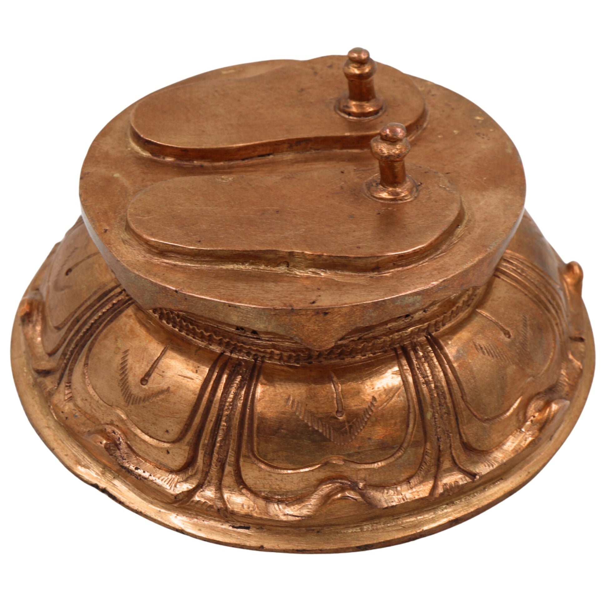 Bronze Handmade Charan Paduka on Mukut, Panchaloha Khadau Padam Idol for Guru Paduka, Vishnu, Rama, Krishna, Tulsi, Traditional Chola Art Temple Sculpture,Gold, 3 Inch, 1 Piece
