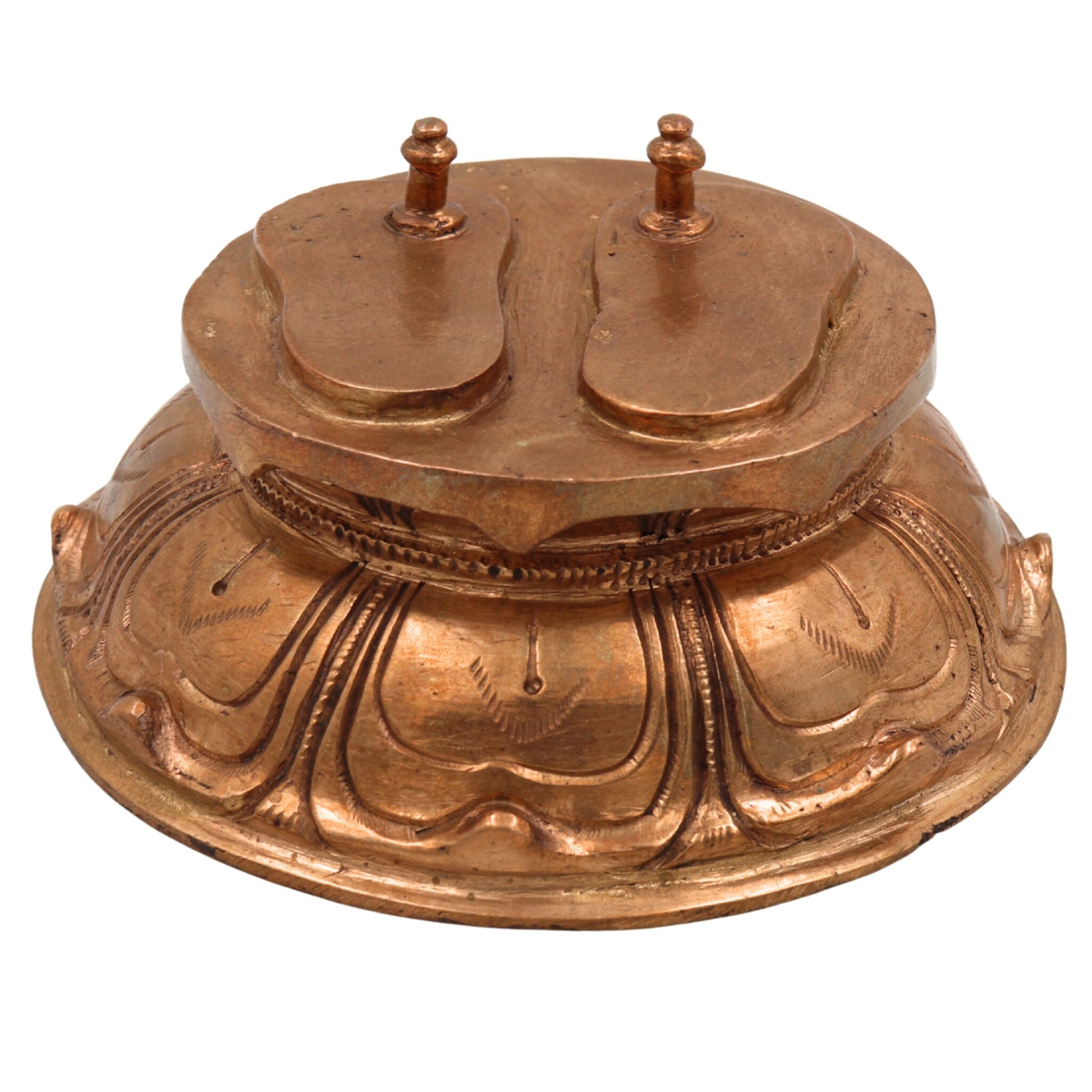 Bronze Handmade Charan Paduka on Mukut, Panchaloha Khadau Padam Idol for Guru Paduka, Vishnu, Rama, Krishna, Tulsi, Traditional Chola Art Temple Sculpture,Gold, 3 Inch, 1 Piece