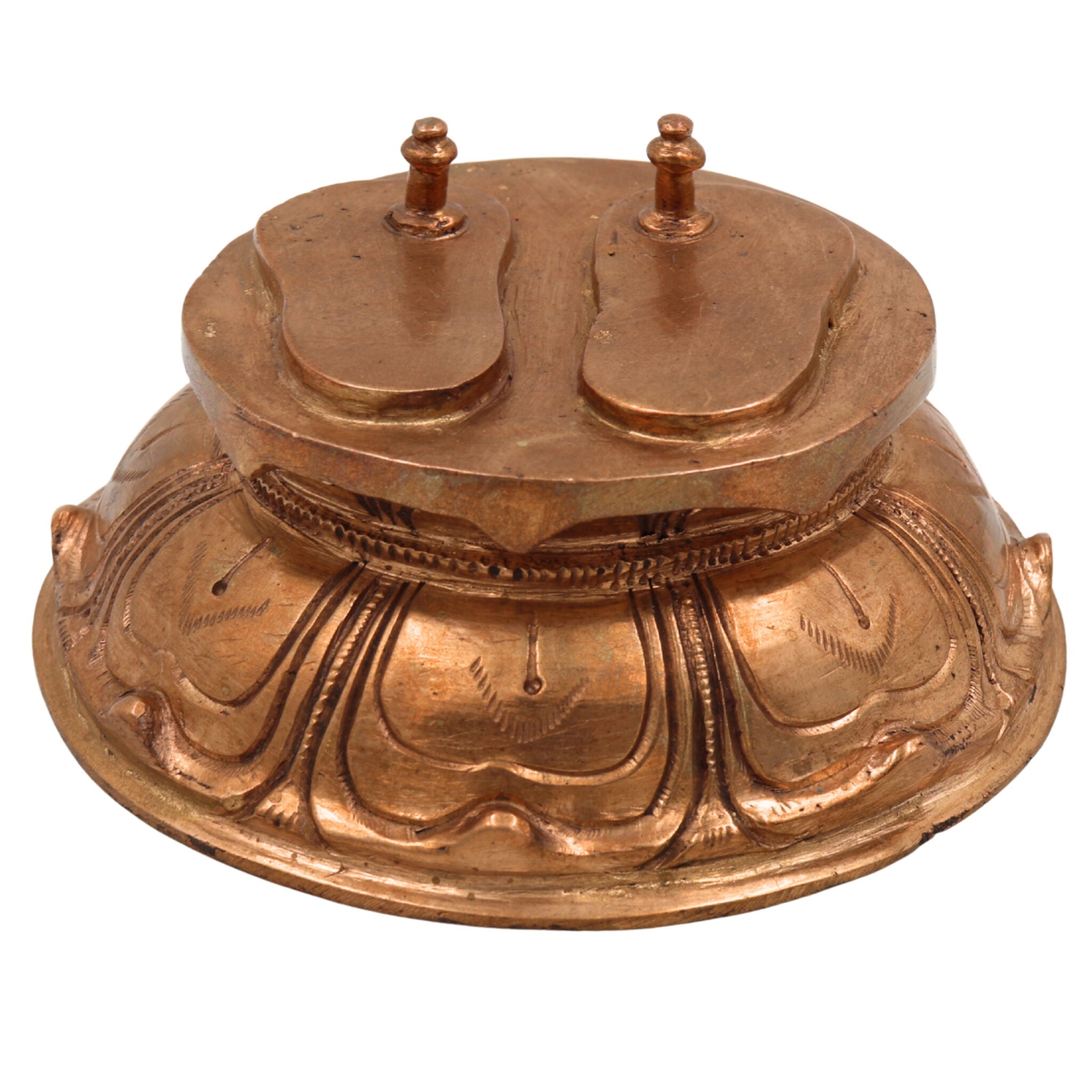Bronze Handmade Charan Paduka on Mukut, Panchaloha Khadau Padam Idol for Guru Paduka, Vishnu, Rama, Krishna, Tulsi, Traditional Chola Art Temple Sculpture,Gold, 3 Inch, 1 Piece