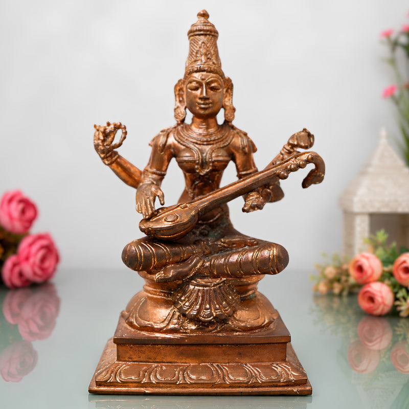 Handcrafted Bronze Panchaloha Saraswati Idol, Sharada, Veena Pustak Dharini, Vagdevi, Hamsavahini, Vidyadayini Statue for Home, Temple & Gifts,Gold, 6 Inch, 1 Piece