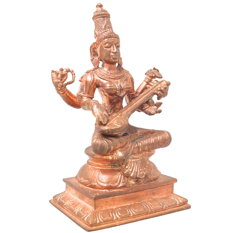 Handcrafted Bronze Panchaloha Saraswati Idol, Sharada, Veena Pustak Dharini, Vagdevi, Hamsavahini, Vidyadayini Statue for Home, Temple & Gifts,Gold, 6 Inch, 1 Piece