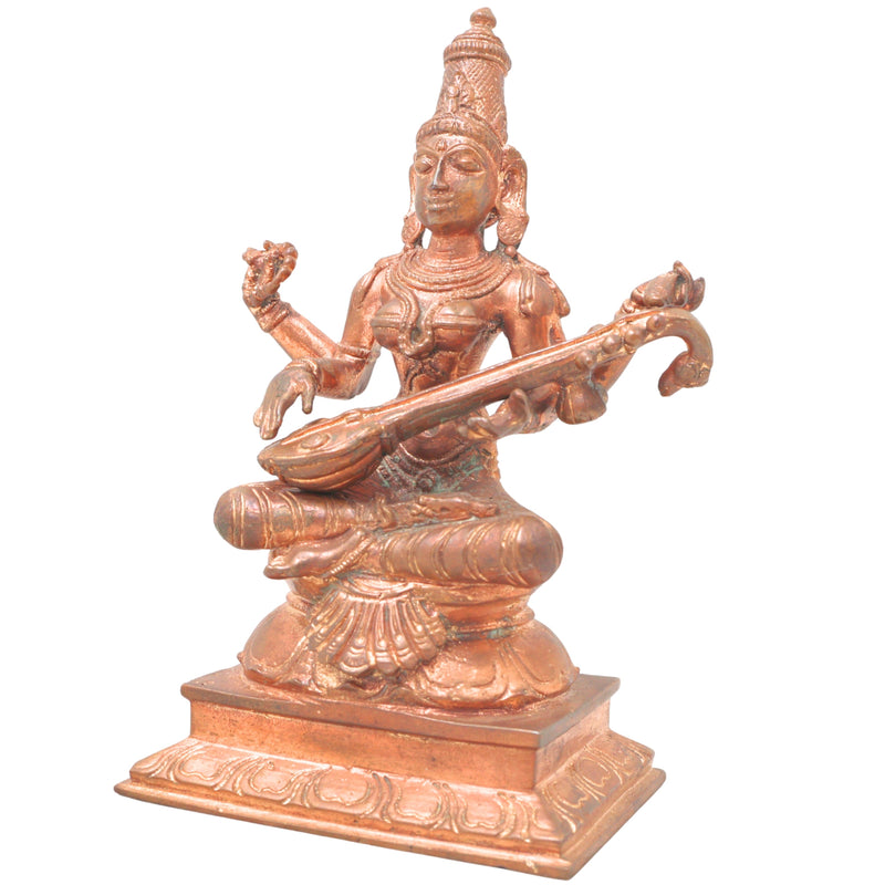 Handcrafted Bronze Panchaloha Saraswati Idol, Sharada, Veena Pustak Dharini, Vagdevi, Hamsavahini, Vidyadayini Statue for Home, Temple & Gifts,Gold, 6 Inch, 1 Piece