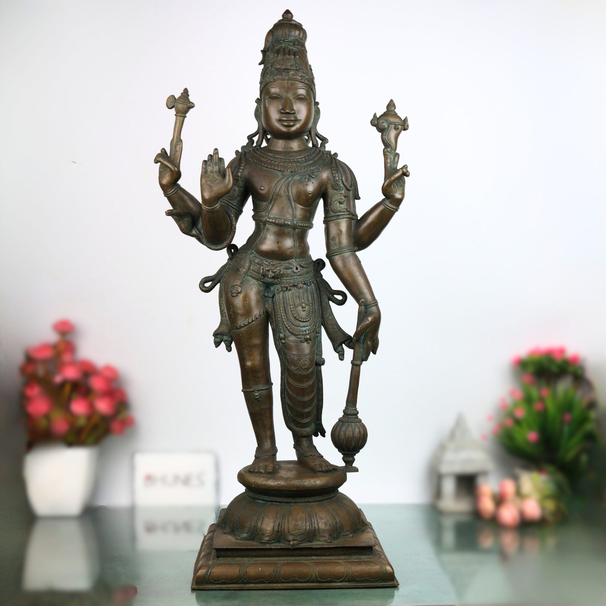 Handcrafted Bronze Harihara Idol – Panchaloha Shankaranarayana Harinarayana Harivishveshwara Sculpture | Traditional Chola Art Hindu God Statue for Temple & Home,Brown, 33 Inch, 1 Piece