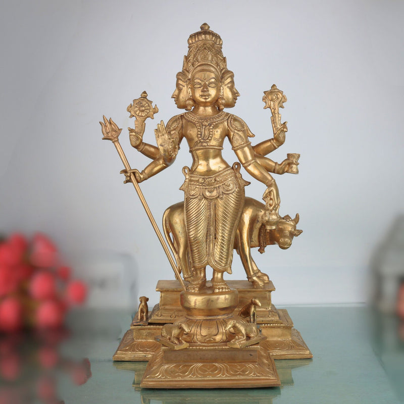 Handmade Bronze Panchaloha Dattatreya Idol – Chola Art Lord Datta, Sri Datta Guru, Trimurti Datta, Dattaguru Temple Sculpture,Gold, 19 Inch, 1 Piece
