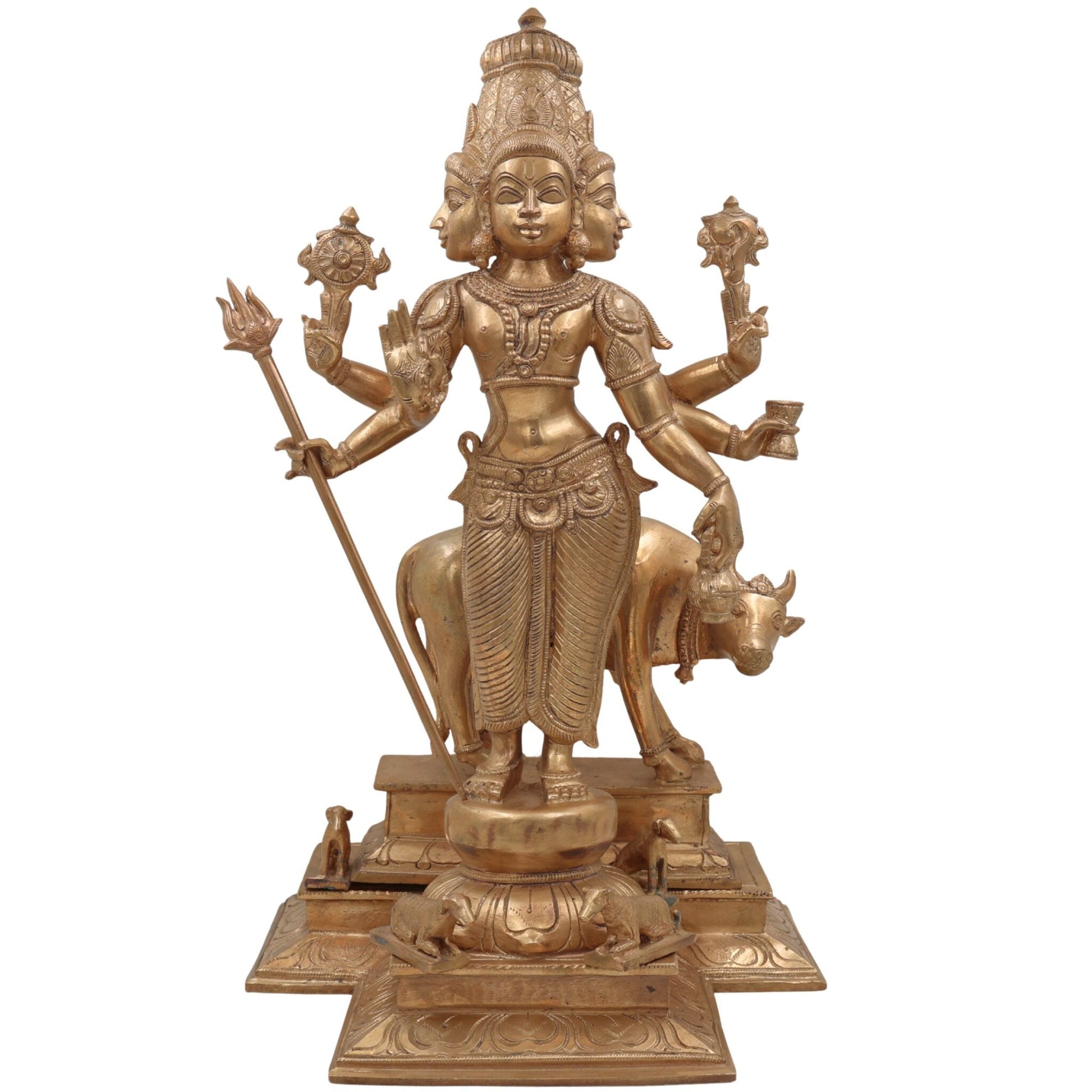 Handmade Bronze Panchaloha Dattatreya Idol – Chola Art Lord Datta, Sri Datta Guru, Trimurti Datta, Dattaguru Temple Sculpture,Gold, 19 Inch, 1 Piece