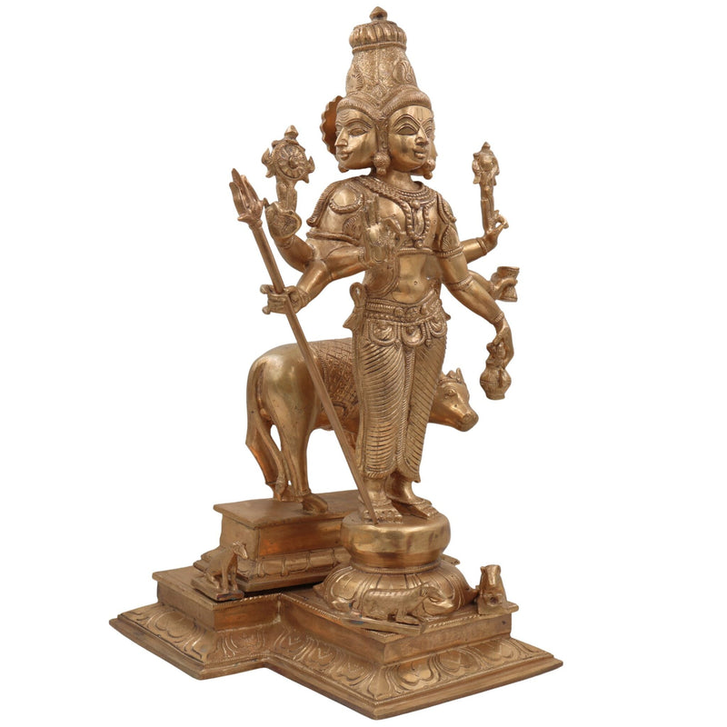 Handmade Bronze Panchaloha Dattatreya Idol – Chola Art Lord Datta, Sri Datta Guru, Trimurti Datta, Dattaguru Temple Sculpture,Gold, 19 Inch, 1 Piece