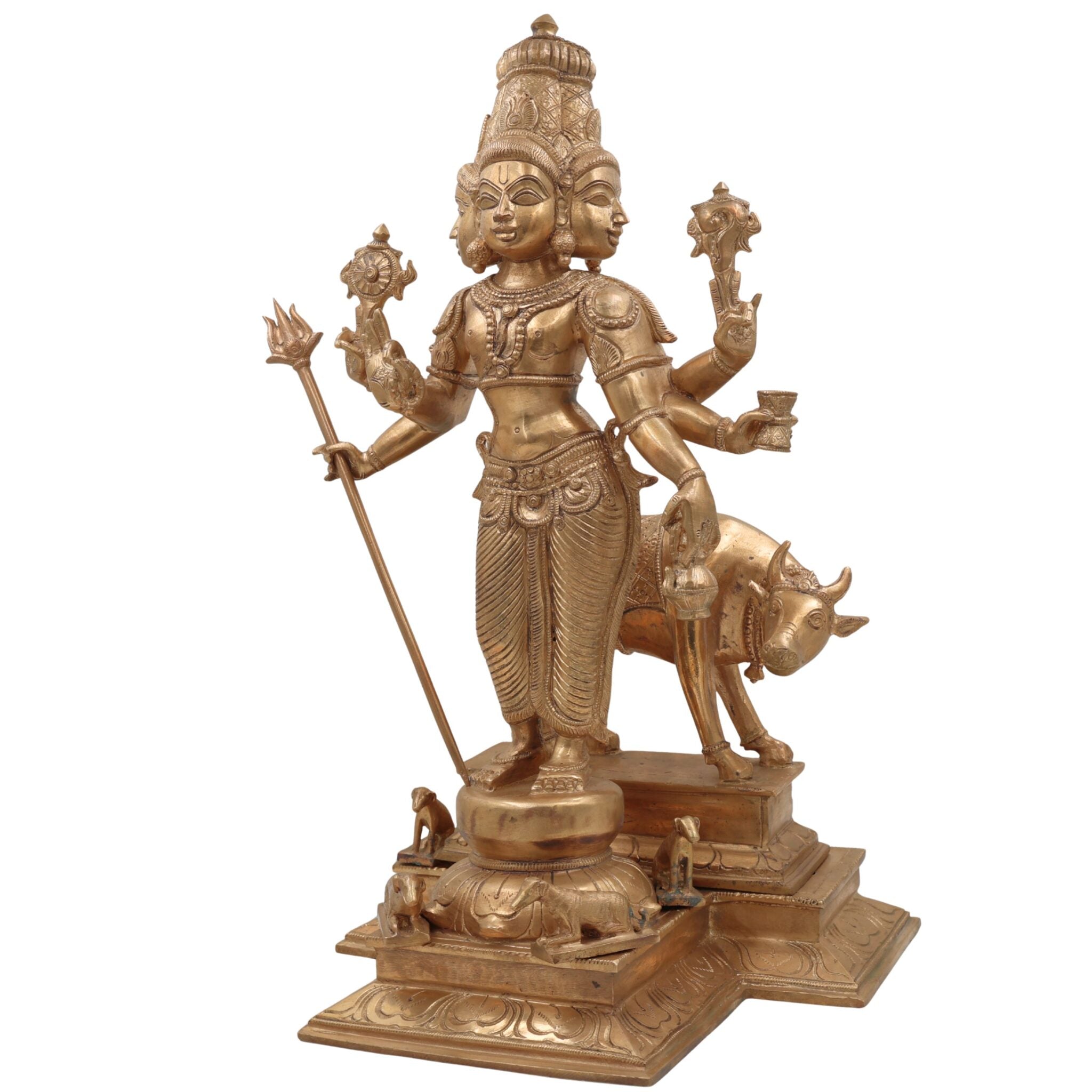 Handmade Bronze Panchaloha Dattatreya Idol – Chola Art Lord Datta, Sri Datta Guru, Trimurti Datta, Dattaguru Temple Sculpture,Gold, 19 Inch, 1 Piece