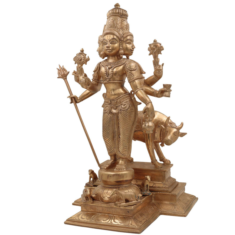 Handmade Bronze Panchaloha Dattatreya Idol – Chola Art Lord Datta, Sri Datta Guru, Trimurti Datta, Dattaguru Temple Sculpture,Gold, 19 Inch, 1 Piece