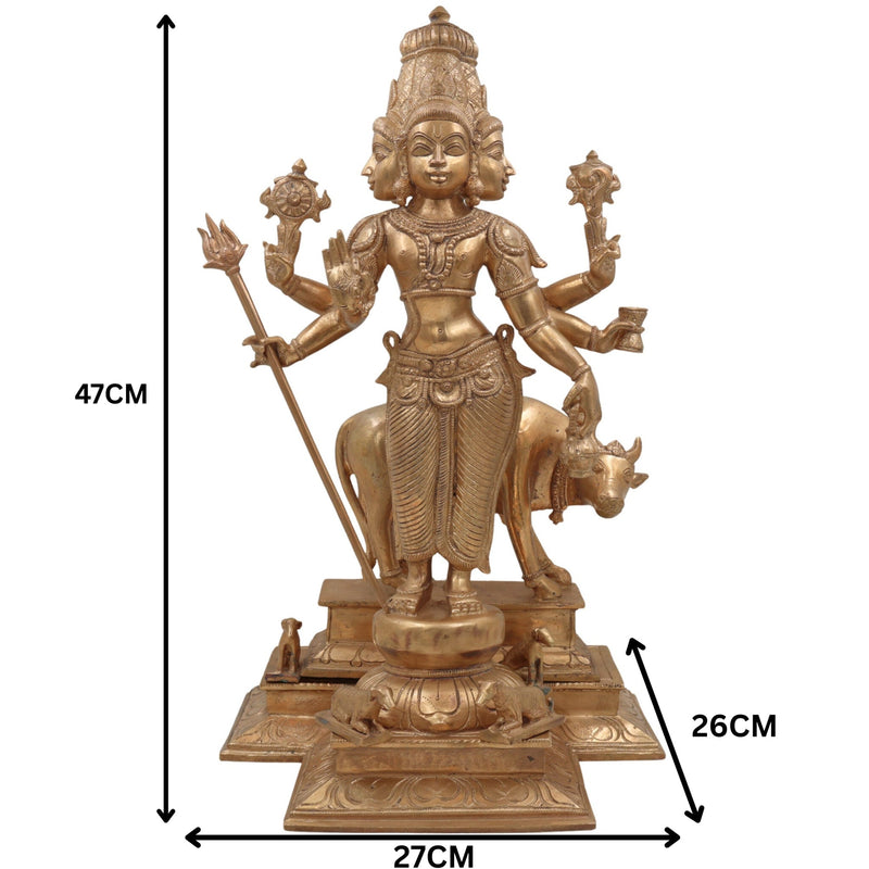 Handmade Bronze Panchaloha Dattatreya Idol – Chola Art Lord Datta, Sri Datta Guru, Trimurti Datta, Dattaguru Temple Sculpture,Gold, 19 Inch, 1 Piece