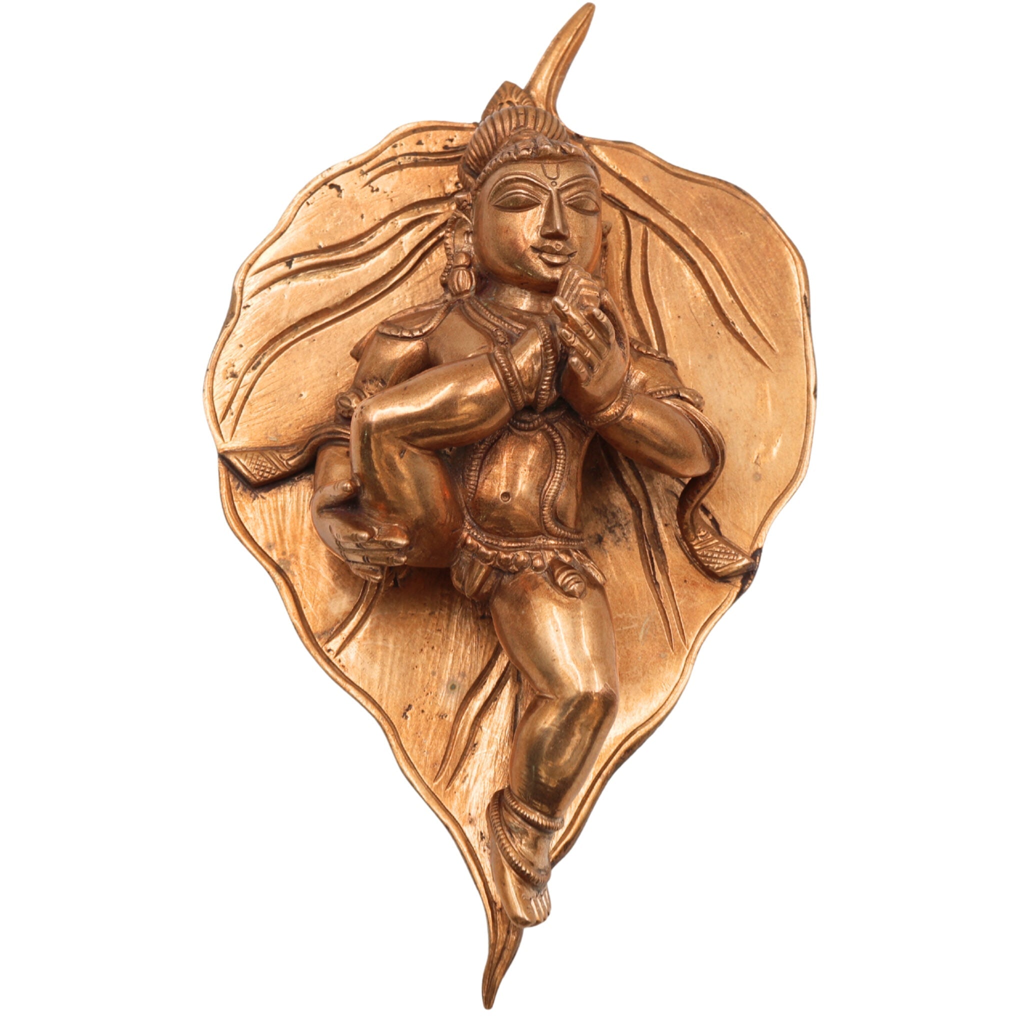 Bronze Panchaloha Bala Krishna on Leaf Idol – Ashtadhatu Gopala Kanha Murti, Handcrafted Chola Art Venugopala Statue for Home Temple Decor,Gold, 8 Inch, 1 Piece
