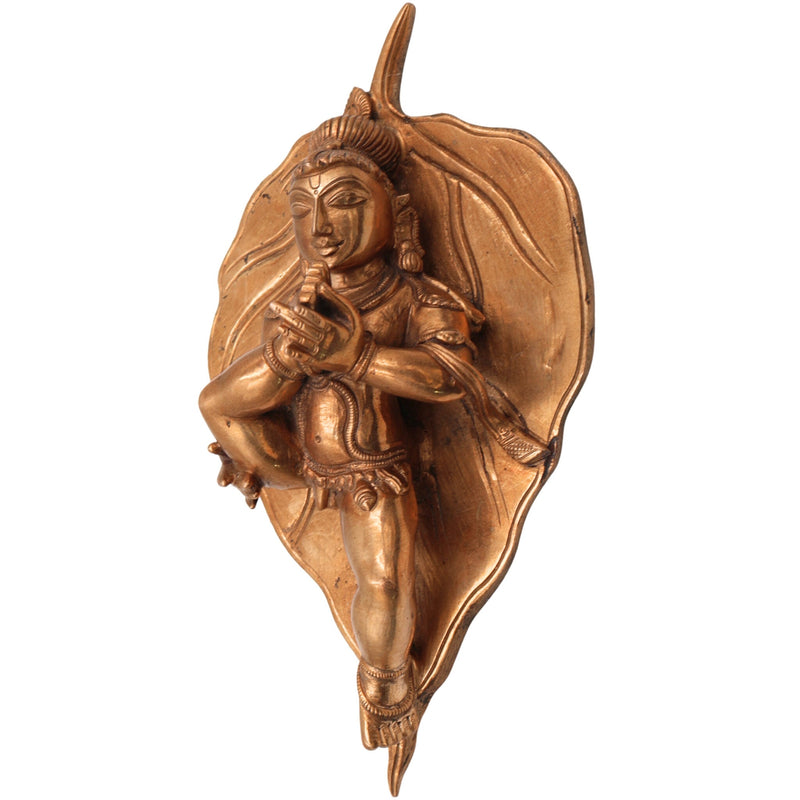 Bronze Panchaloha Bala Krishna on Leaf Idol – Ashtadhatu Gopala Kanha Murti, Handcrafted Chola Art Venugopala Statue for Home Temple Decor,Gold, 8 Inch, 1 Piece