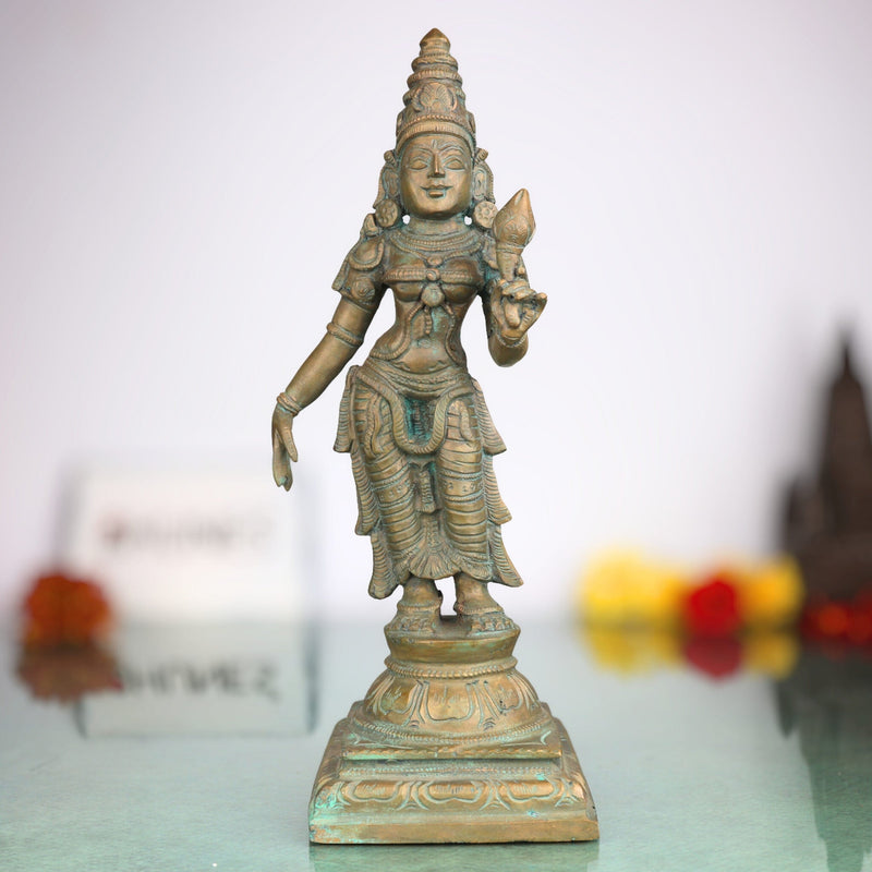 Handcrafted Bronze Sri Devi Silai, Maha Lakshmi Idol | Panchaloha Kamala Devi Murti for Pooja, Temple & Home Decor,Brown, 11.5 Inch, 1 Piece