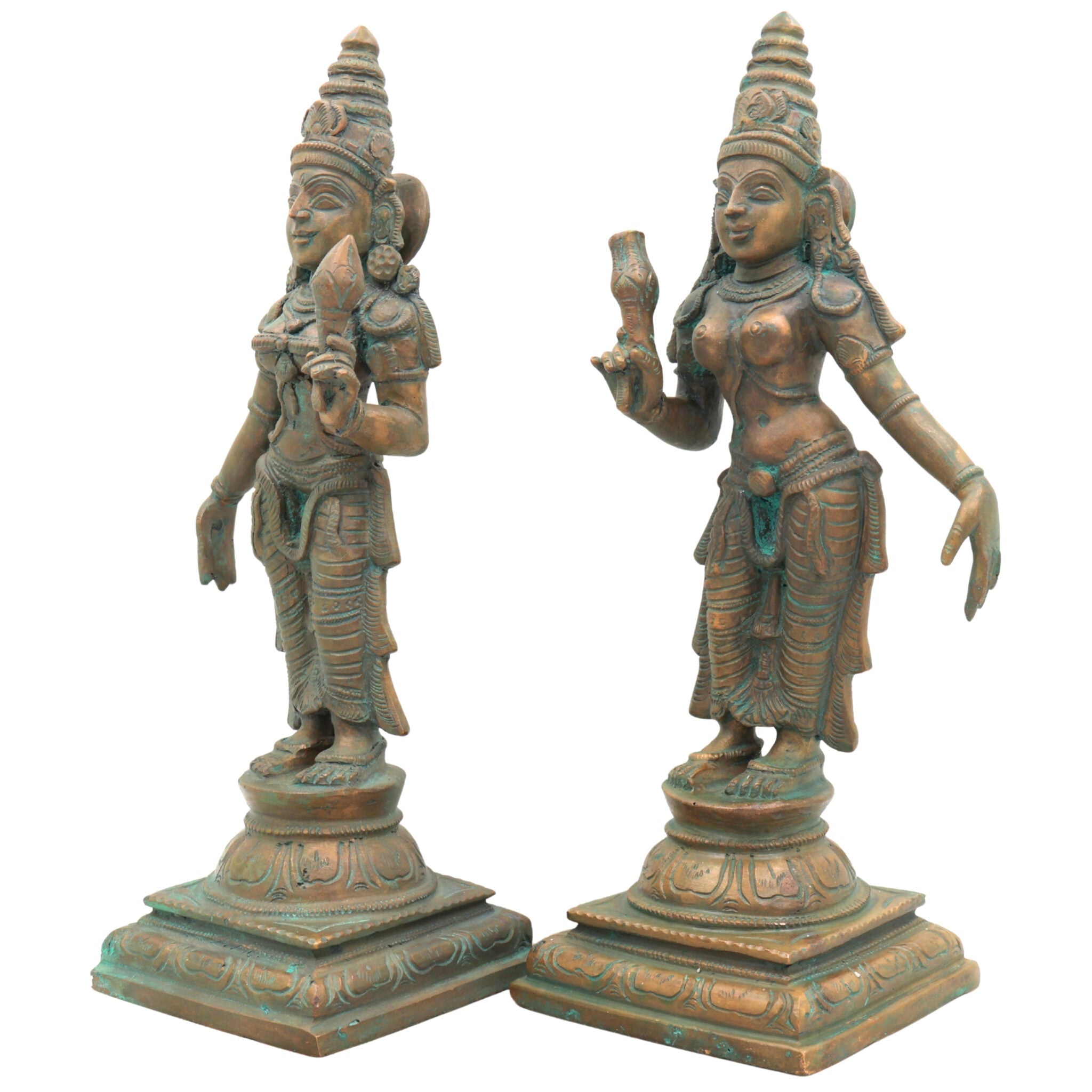 Handmade Panchaloha Sri Devi Bhu Devi Idols, Bronze Lakshmi Statue, Panchadhatu Goddess Sculpture for Pooja, Temple, Home Decor, Brown, 11.5 Inch, 1 Piece