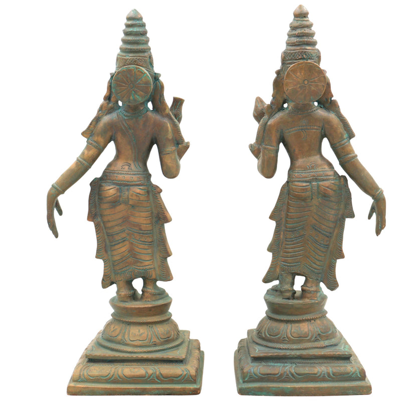 Handmade Panchaloha Sri Devi Bhu Devi Idols, Bronze Lakshmi Statue, Panchadhatu Goddess Sculpture for Pooja, Temple, Home Decor, Brown, 11.5 Inch, 1 Piece