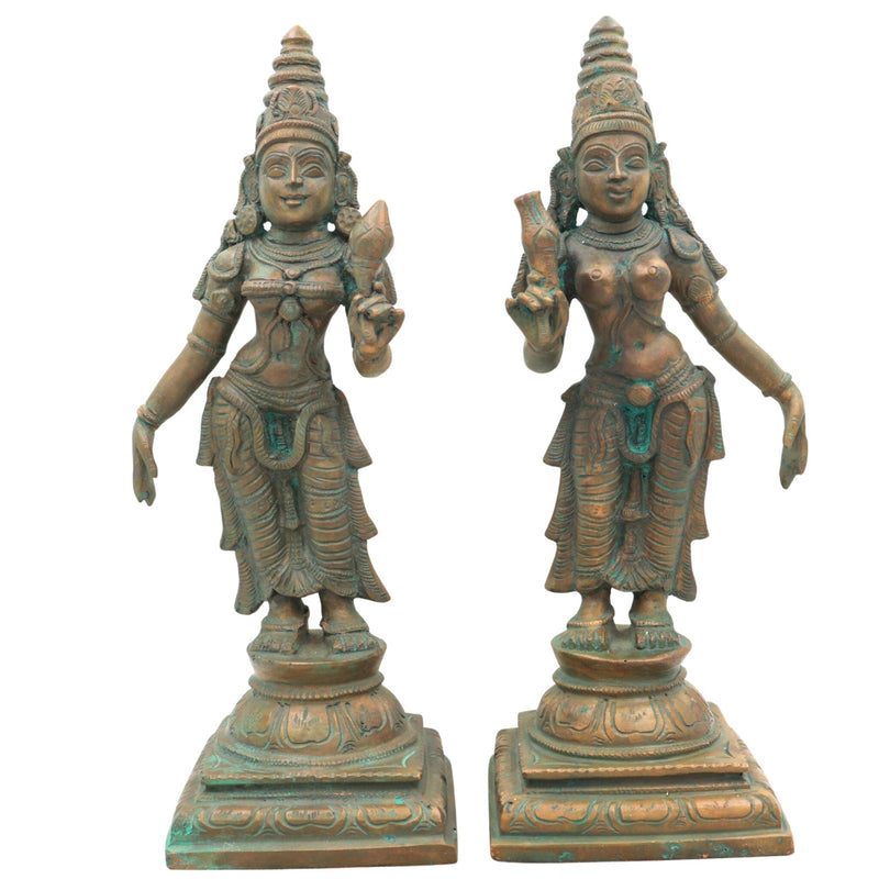 Handmade Panchaloha Sri Devi Bhu Devi Idols, Bronze Lakshmi Statue, Panchadhatu Goddess Sculpture for Pooja, Temple, Home Decor, Brown, 11.5 Inch, 1 Piece