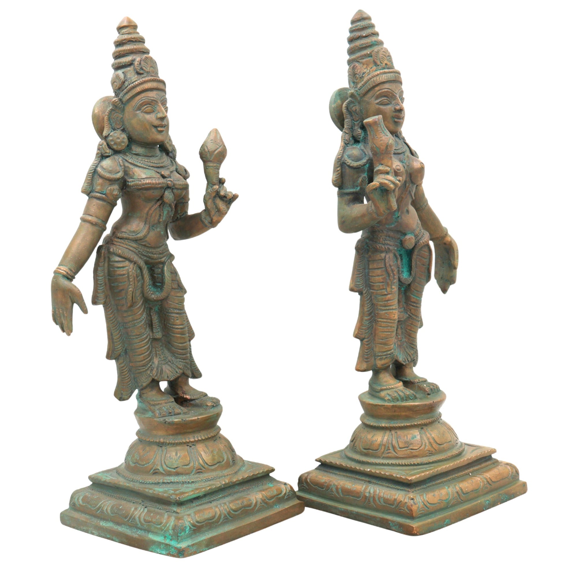 Handmade Panchaloha Sri Devi Bhu Devi Idols, Bronze Lakshmi Statue, Panchadhatu Goddess Sculpture for Pooja, Temple, Home Decor, Brown, 11.5 Inch, 1 Piece
