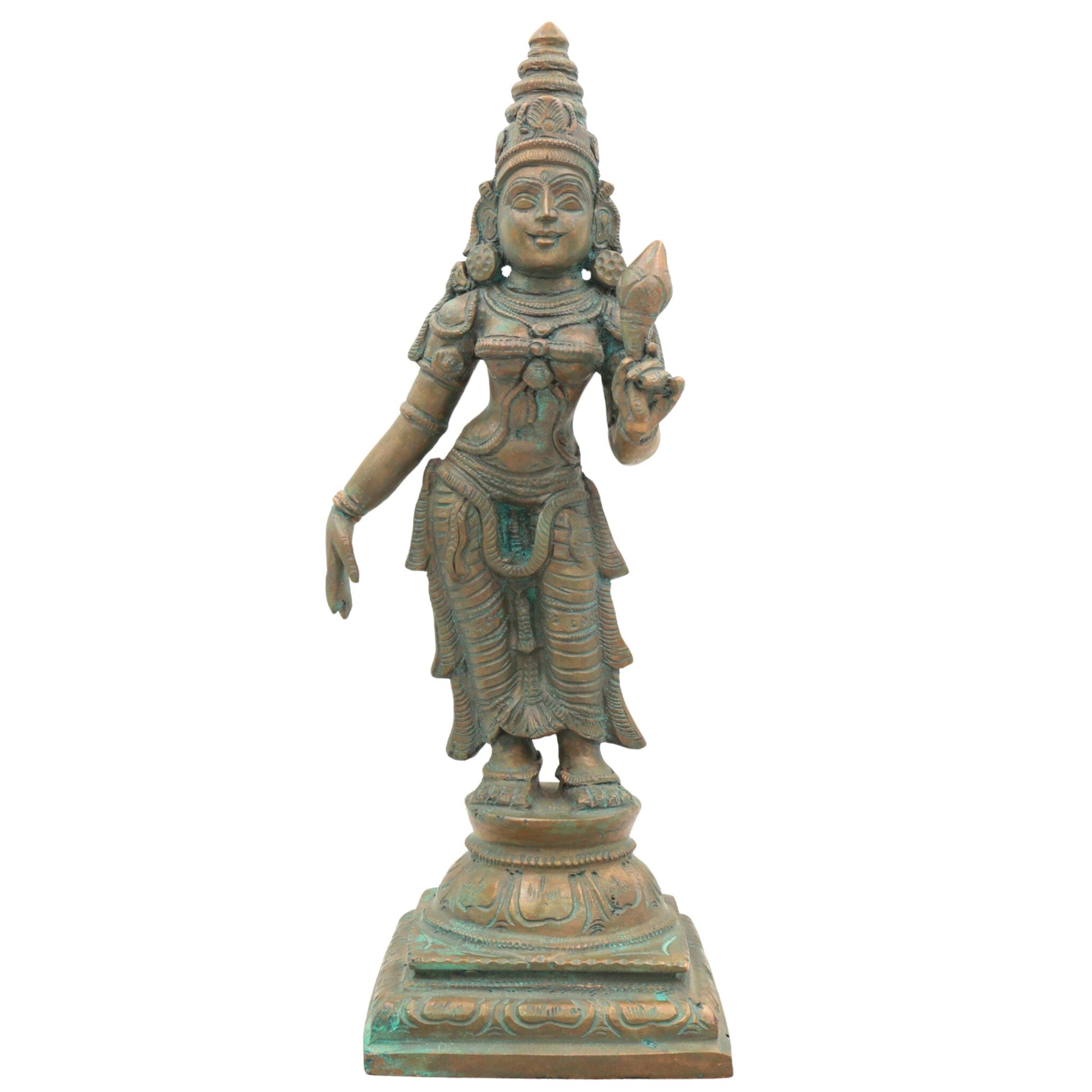 Handcrafted Bronze Sri Devi Silai, Maha Lakshmi Idol | Panchaloha Kamala Devi Murti for Pooja, Temple & Home Decor,Brown, 11.5 Inch, 1 Piece