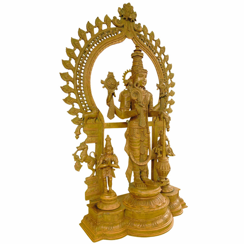 Panchaloha Bronze Vishnu Idol with Hanuman, Garuda & Prabhavali – Chola Art Narayana, Venkateswara, Govinda, Padmanabha Temple Sculpture,Brown, 41 Inch, 1 Piece