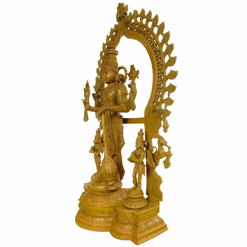 Panchaloha Bronze Vishnu Idol with Hanuman, Garuda & Prabhavali – Chola Art Narayana, Venkateswara, Govinda, Padmanabha Temple Sculpture,Brown, 41 Inch, 1 Piece
