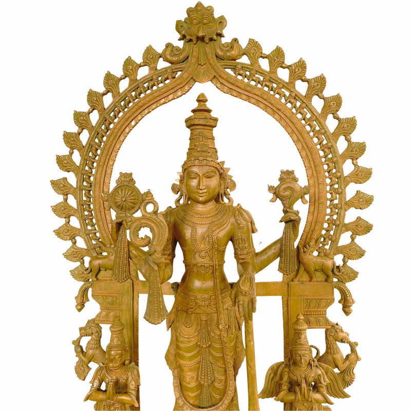Panchaloha Bronze Vishnu Idol with Hanuman, Garuda & Prabhavali – Chola Art Narayana, Venkateswara, Govinda, Padmanabha Temple Sculpture,Brown, 41 Inch, 1 Piece