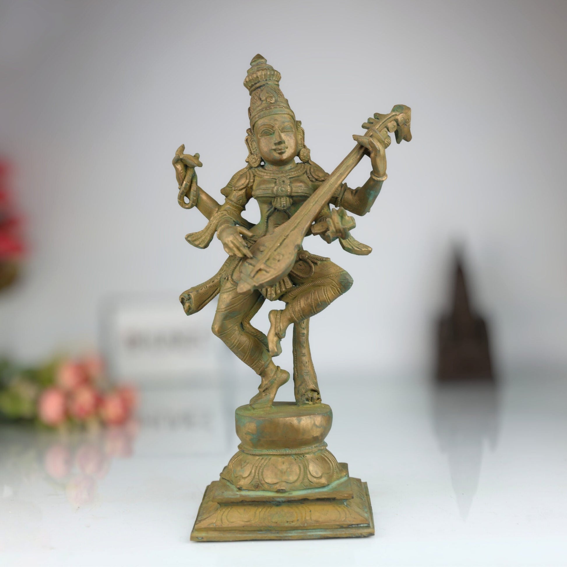 Handcrafted Bronze Panchaloha Saraswati Idol, Sharada, Veena Pustak Dharini, Vagdevi, Hamsavahini, Vidyadayini Goddess of Knowledge & Wisdom Sculpture for Home, Temple & Gift,Brown, 13.5 Inch, 1 Piece