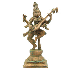 Handcrafted Bronze Panchaloha Saraswati Idol, Sharada, Veena Pustak Dharini, Vagdevi, Hamsavahini, Vidyadayini Goddess of Knowledge & Wisdom Sculpture for Home, Temple & Gift,Brown, 13.5 Inch, 1 Piece