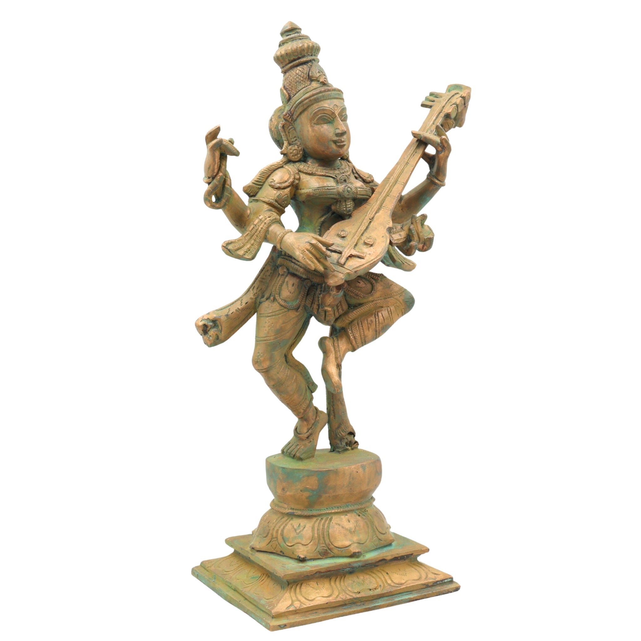 Handcrafted Bronze Panchaloha Saraswati Idol, Sharada, Veena Pustak Dharini, Vagdevi, Hamsavahini, Vidyadayini Goddess of Knowledge & Wisdom Sculpture for Home, Temple & Gift,Brown, 13.5 Inch, 1 Piece