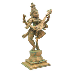 Handcrafted Bronze Panchaloha Saraswati Idol, Sharada, Veena Pustak Dharini, Vagdevi, Hamsavahini, Vidyadayini Goddess of Knowledge & Wisdom Sculpture for Home, Temple & Gift,Brown, 13.5 Inch, 1 Piece