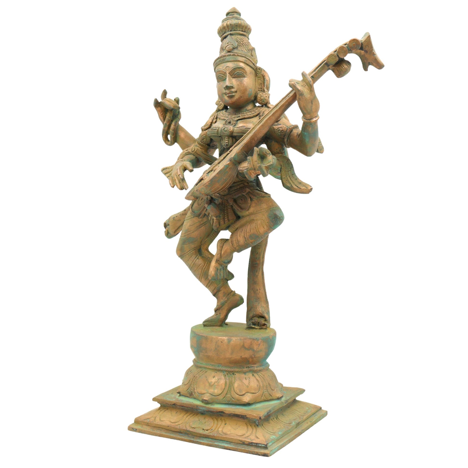 Handcrafted Bronze Panchaloha Saraswati Idol, Sharada, Veena Pustak Dharini, Vagdevi, Hamsavahini, Vidyadayini Goddess of Knowledge & Wisdom Sculpture for Home, Temple & Gift,Brown, 13.5 Inch, 1 Piece