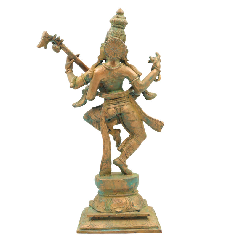Handcrafted Bronze Panchaloha Saraswati Idol, Sharada, Veena Pustak Dharini, Vagdevi, Hamsavahini, Vidyadayini Goddess of Knowledge & Wisdom Sculpture for Home, Temple & Gift,Brown, 13.5 Inch, 1 Piece