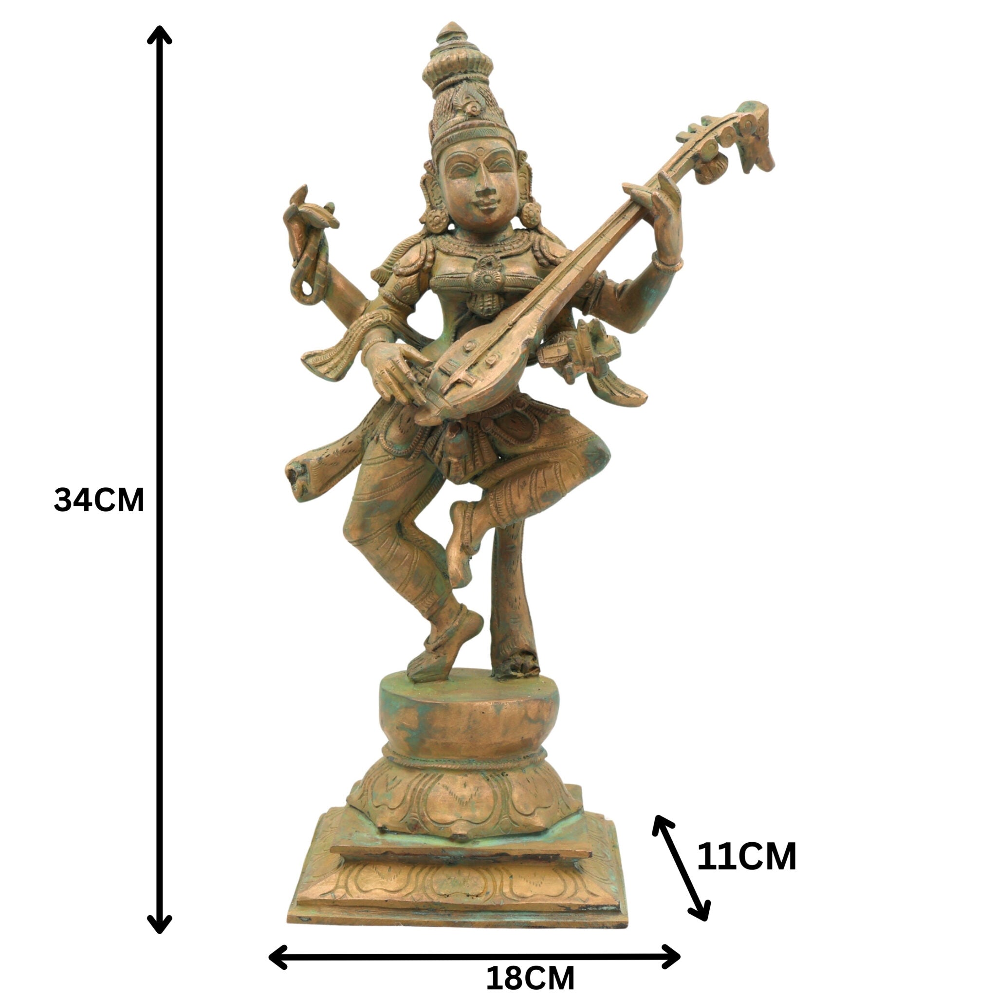 Handcrafted Bronze Panchaloha Saraswati Idol, Sharada, Veena Pustak Dharini, Vagdevi, Hamsavahini, Vidyadayini Goddess of Knowledge & Wisdom Sculpture for Home, Temple & Gift,Brown, 13.5 Inch, 1 Piece