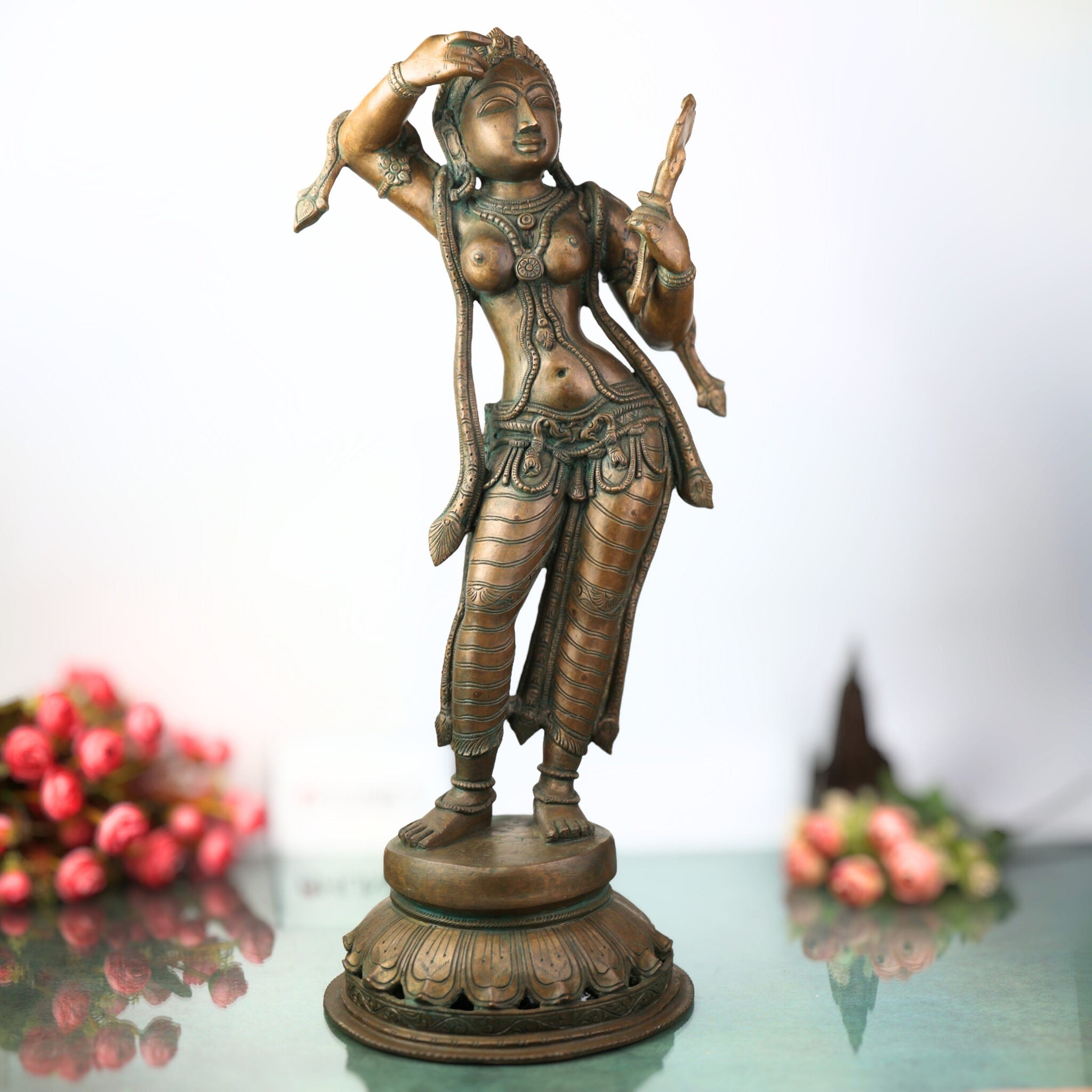 Handcrafted Panchaloha Bronze Apsara Idol – Chola Art Urvashi Menaka Rambha Tilottama Mohini Celestial Nymph Divine Dancer Statue for Temple & Home Decor,Brown, 25.5 Inch, 1 Piece
